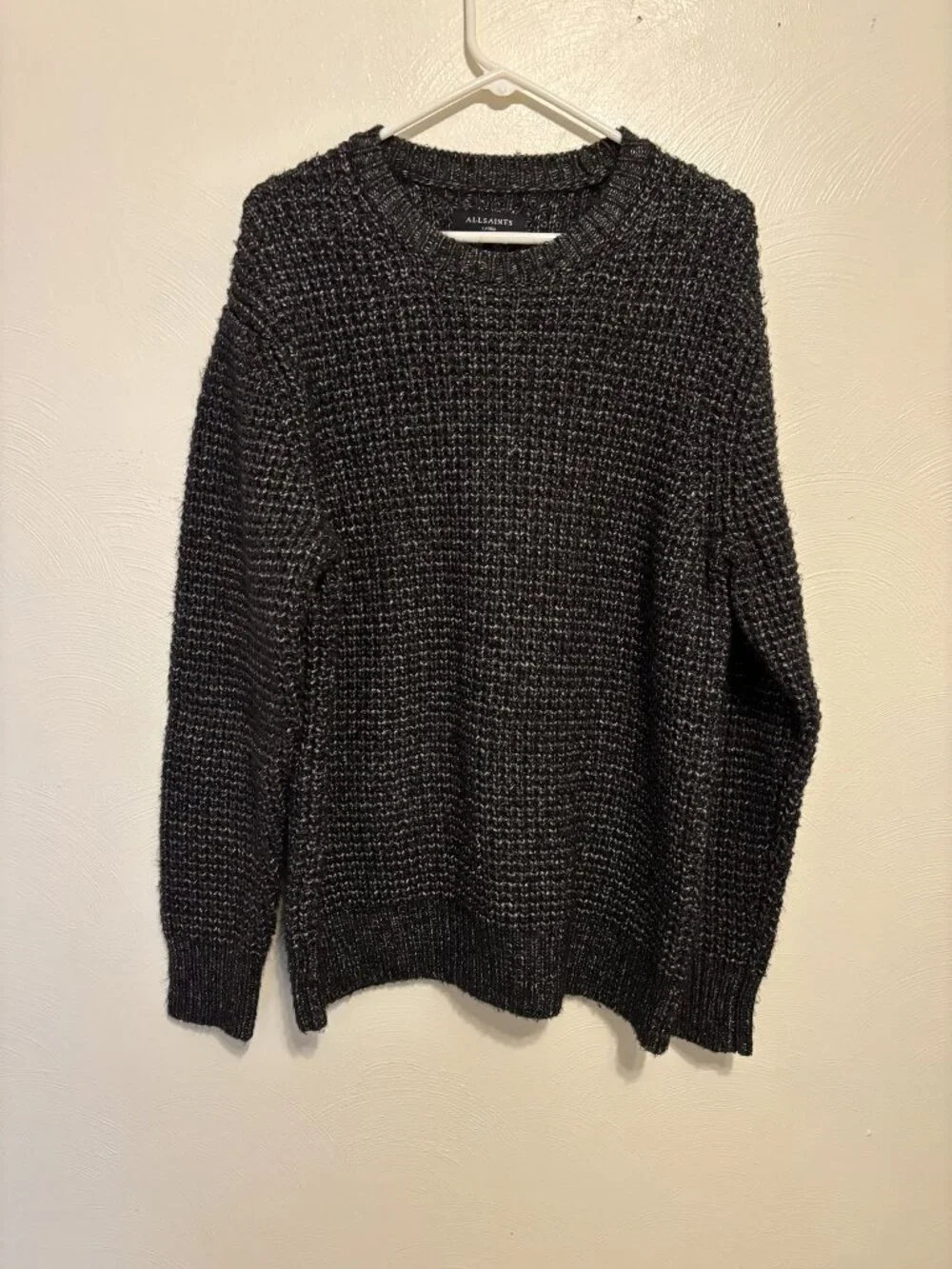 AllSaints Mens Large Knit Sweater In Black & Gray Chunky Cotton Blend